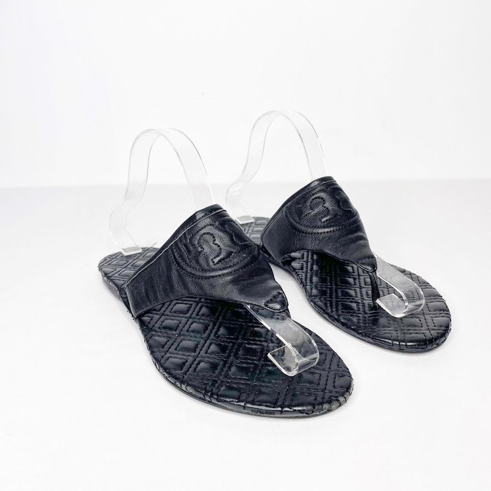 Tory Burch Fleming Flat Sandal Black nappa leather quilted t logo womens 8